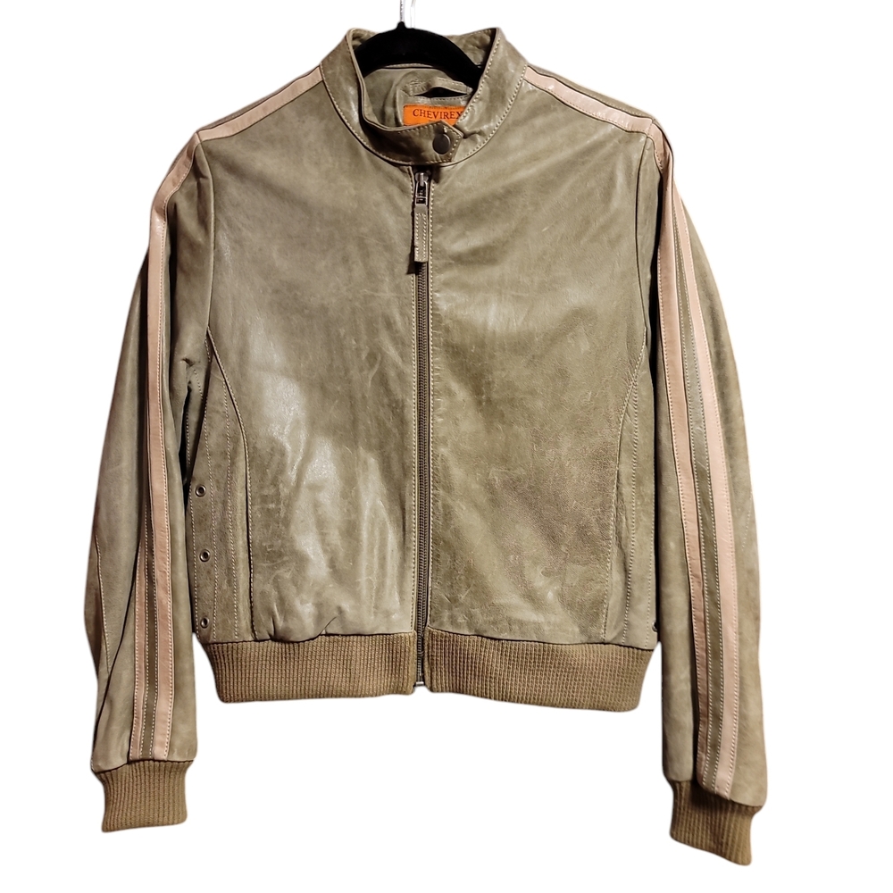 Olive Green Leather Bomber Jacket with Stripes